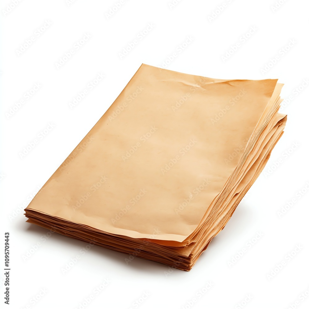 Stack of crumpled, unbleached paper sheets isolated on white background. Stack of crumpled, unbleached paper sheets isolated on white background.