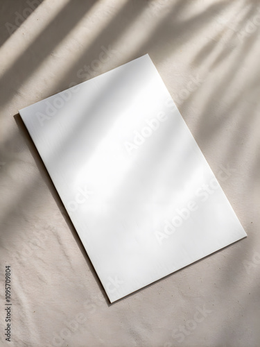 single white poster card placed flat on neutral background, showcasing its clean and minimalistic design. soft shadows add depth and elegance to scene