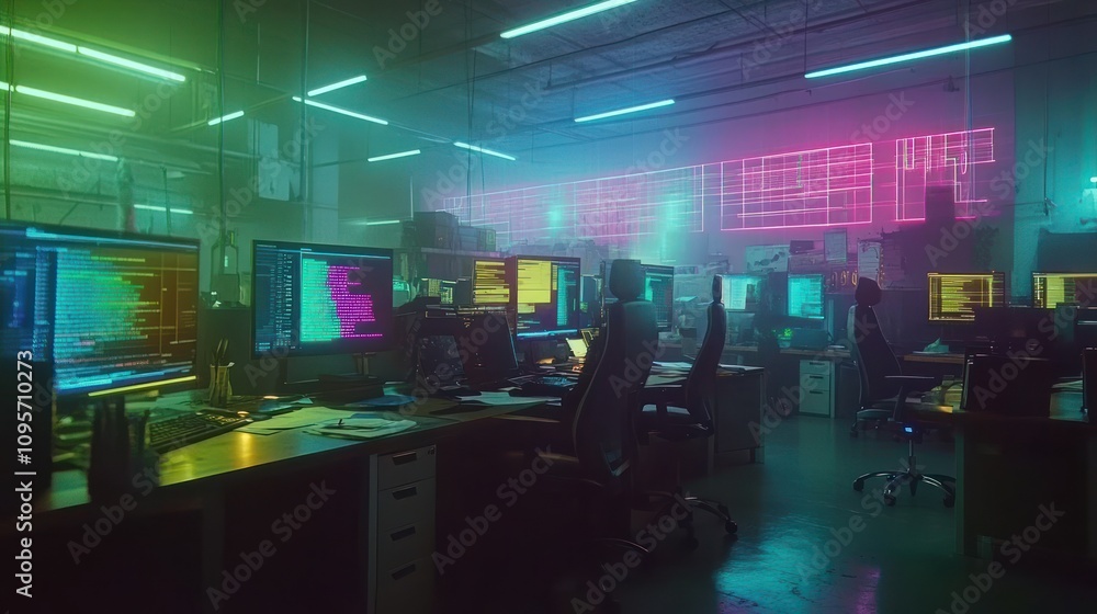 A dimly lit tech workspace filled with monitors displaying code and data visualizations. A dimly lit tech workspace filled with monitors displaying code and data visualizations.