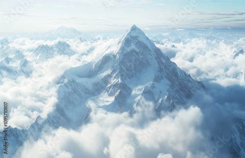 Majestic Mount Everest rises above sea of white clouds, showcasing its grandeur and beauty. snow capped peak stands tall against serene sky, evoking sense of wonder and tranquility photo