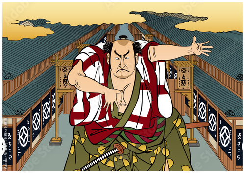 手を広げている武士