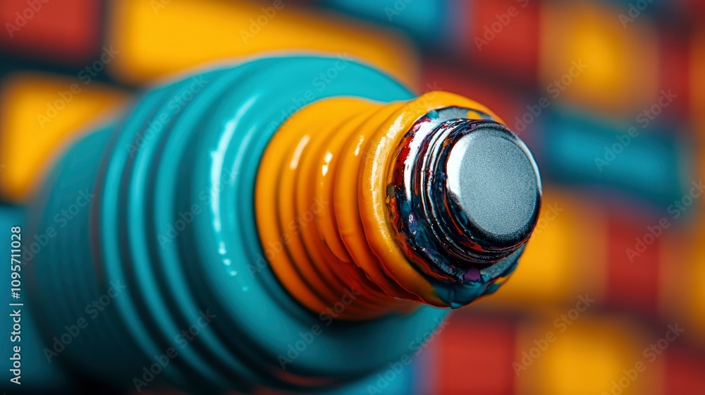 Obraz premium Abstract Close-up of Colorful Cylindrical Object with Metallic Cap