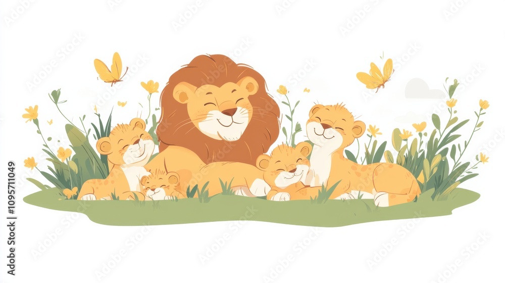 Cute Lion Family in a Blossoming Meadow Cute Lion Family in a Blossoming Meadow