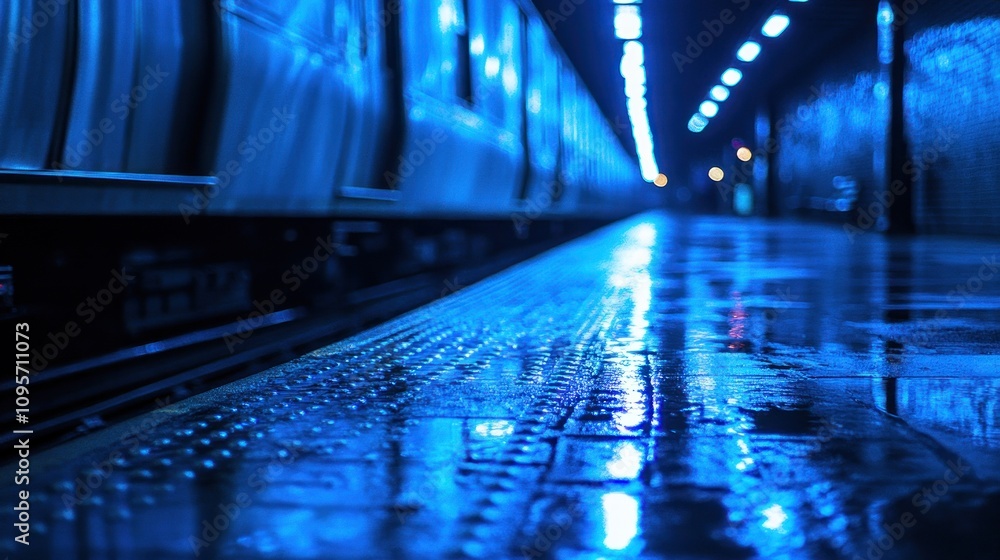 A dimly lit subway platform with reflections on the wet ground. A dimly lit subway platform with reflections on the wet ground.