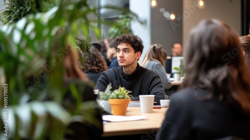 A young man attentively listens during a group discussion in a modern workspace.