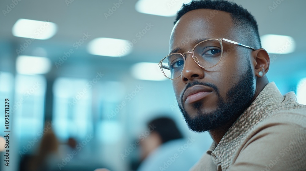 A man with glasses and a beard gazes thoughtfully in an office setting. A man with glasses and a beard gazes thoughtfully in an office setting.