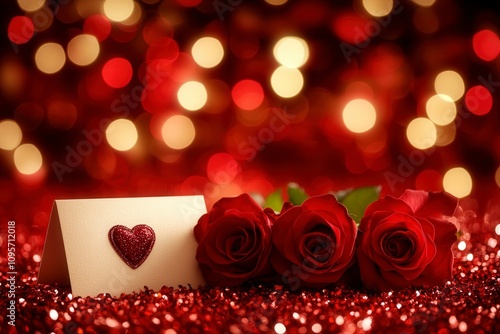 Romantic Valentine Card with Red Roses and Bokeh Background