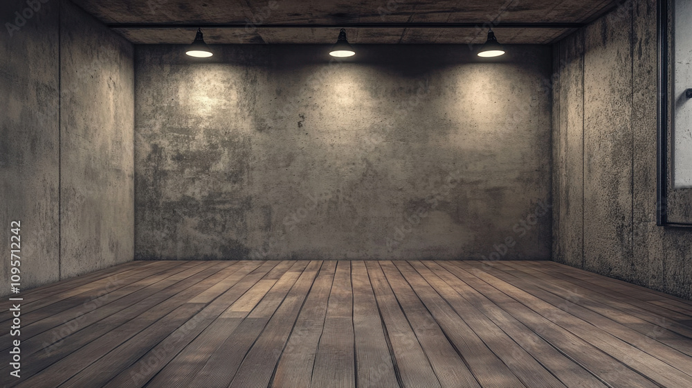 small studio with gray board walls and wooden floor, illuminated by ceiling lights, creating modern and minimalist atmosphere small studio with gray board walls and wooden floor, illuminated by ceiling lights, creating modern and minimalist atmosphere