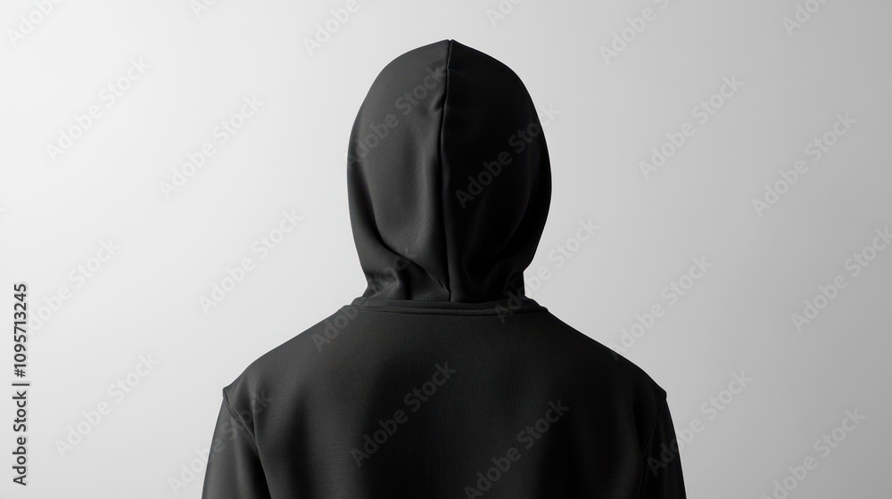 A back view of a black hoodie against a plain background. A back view of a black hoodie against a plain background.