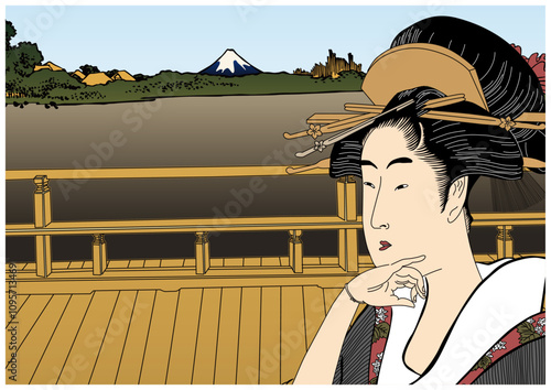 富士山を見る和服の女性