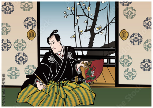 扇子を広げている殿様
