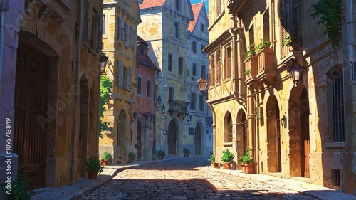 Enchanting European Fairytale Street in Bright Colors