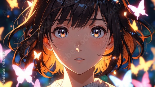 Enchanting Anime Portrait of a Woman with Butterflies