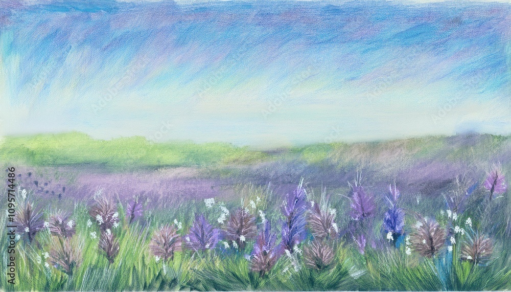 Fototapeta premium 穏やかな自然の手描き風の自然風景