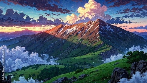 Majestic Anime Mountain Range at Sunset