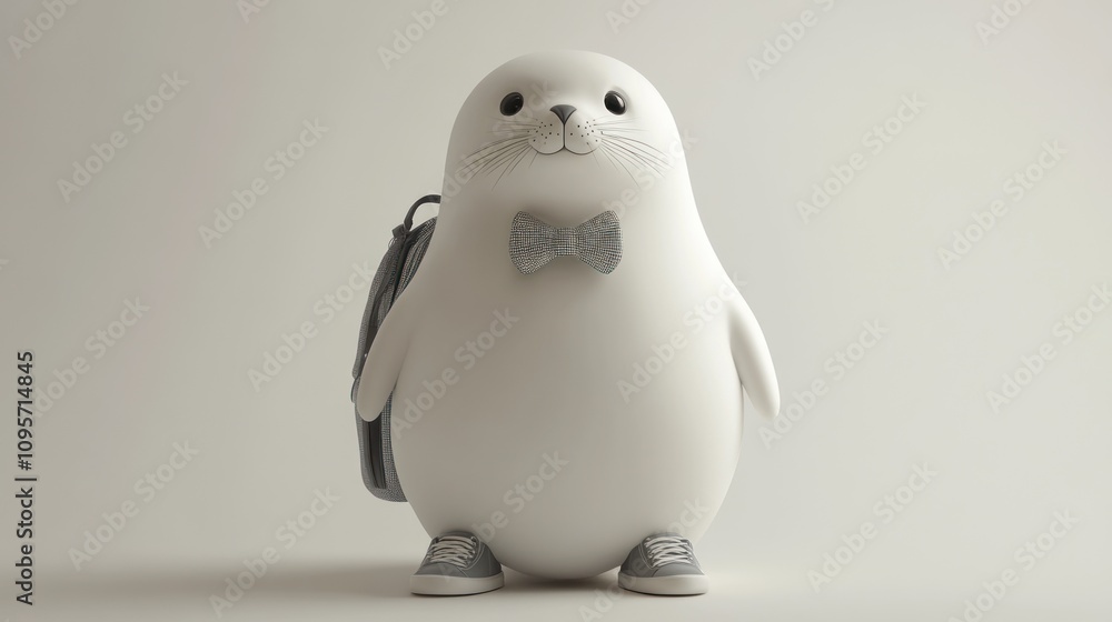 A cute, stylized seal character wearing a bow tie and backpack, designed for playful appeal. A cute, stylized seal character wearing a bow tie and backpack, designed for playful appeal.