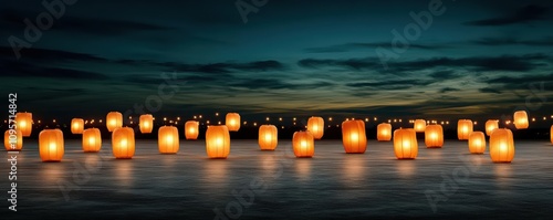 Festival parade with traditional lanterns, blending light and heritage under night sky, Lantern Festival  Parade  Tradition, concept of cultural legacy