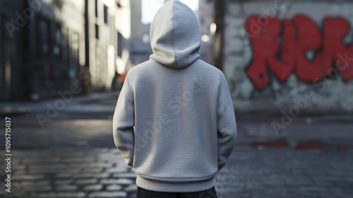 A person in a hoodie stands in an urban alleyway with graffiti on the wall.