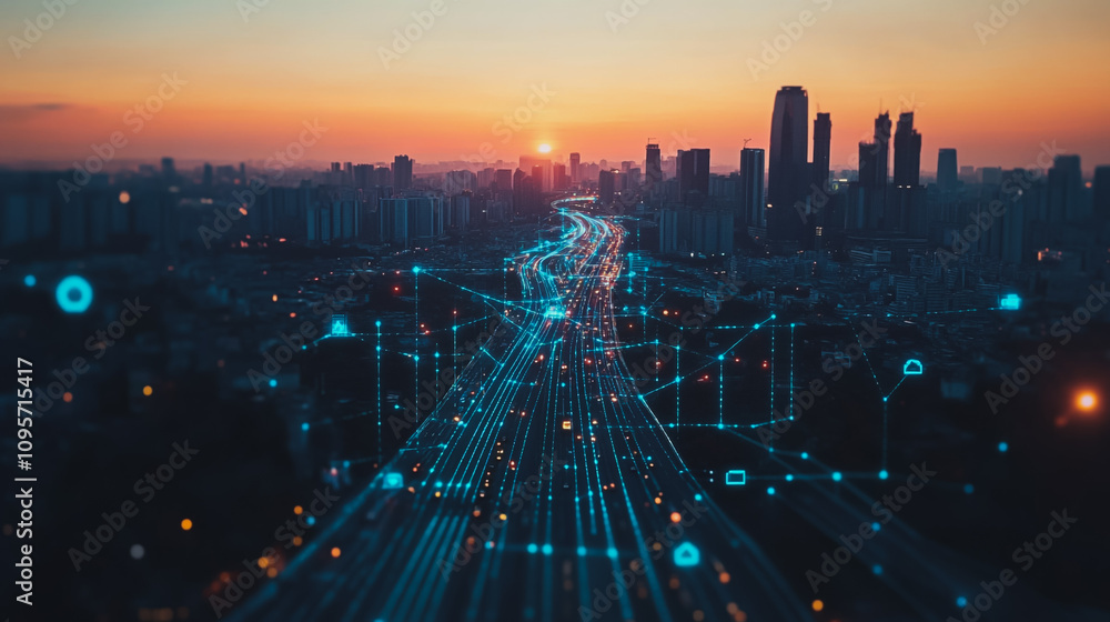 Fototapeta premium Smart digital Innovation city with connection network reciprocity over the cityscape. of future smart wireless digital city and social media networking systems that connects people with in city