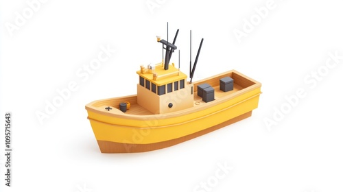 A yellow fishing boat with cargo holds and antennas, designed for maritime activities.