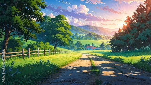 Serene Countryside Landscape in Anime Style