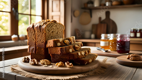 Stacked banana oat bread with walnuts
