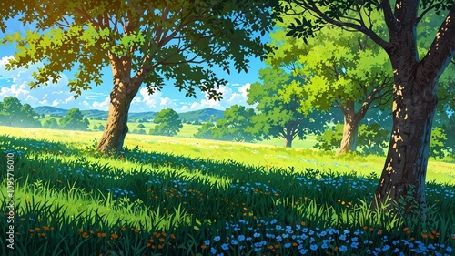 Serene Meadow with Large Trees in Anime Style
