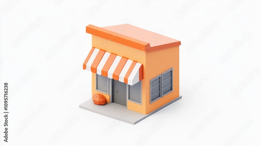 A small, stylized orange building with a striped awning, representing a shop or storefront. A small, stylized orange building with a striped awning, representing a shop or storefront.