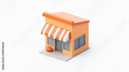 A small, stylized orange building with a striped awning, representing a shop or storefront.