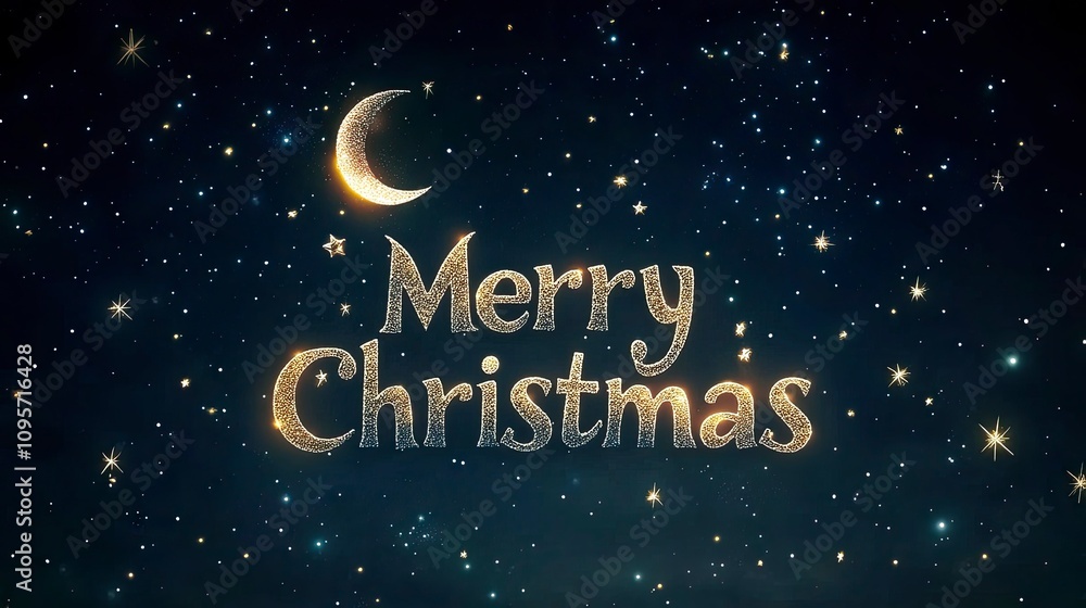 Naklejka premium Set against a dark, starry sky with Merry Christmas in bright, sparkling white letters, surrounded by twinkling stars and a glowing crescent moon.