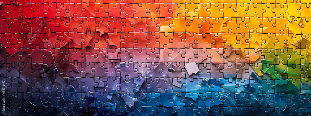 A vibrant and detailed close-up of a colorful jigsaw puzzle, showcasing a gradient of colors from red to blue. A vibrant and detailed close-up of a colorful jigsaw puzzle, showcasing a gradient of colors from red to blue.