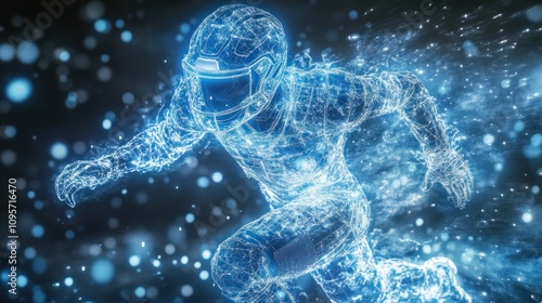 A digital representation of a futuristic athlete in motion, composed of glowing particles. photo