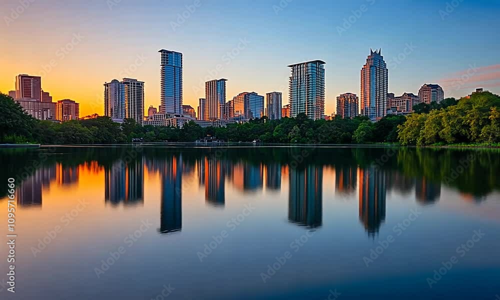 Serene Sunset Reflections Over a Tranquil Lake with Urban Skyline and Vibrant Colors in Austin, Texas, Showcasing Nature and Modern Architecture Harmony Serene Sunset Reflections Over a Tranquil Lake with Urban Skyline and Vibrant Colors in Austin, Texas, Showcasing Nature and Modern Architecture Harmony