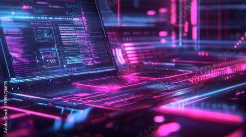 Wallpaper Mural Futuristic Technology with Neon Glow and Code Display Torontodigital.ca