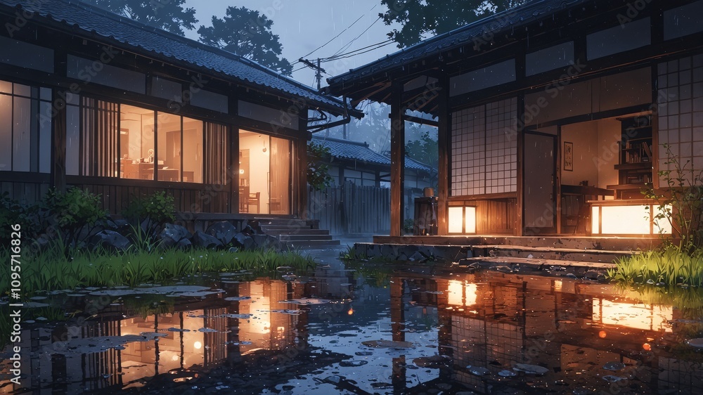 Tranquil Old Japan Scene with Traditional Architecture Tranquil Old Japan Scene with Traditional Architecture