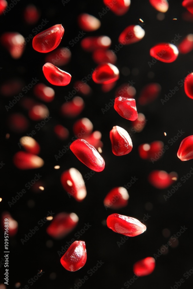 A close-up of floating pomegranate seeds against a dark background. A close-up of floating pomegranate seeds against a dark background.