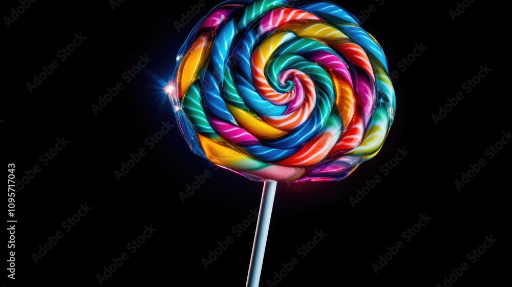 An artistic representation of a swirling, psychedelic lollipop with vivid, neon colors and abstract patterns, set against a dark, contrasting background to emphasize its brightness. An artistic representation of a swirling, psychedelic lollipop with vivid, neon colors and abstract patterns, set against a dark, contrasting background to emphasize its brightness.