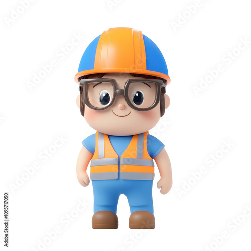 The image depicts a cute 3D rendered cartoon of a young construction worker wearing a helmet, glasses and safety vest.