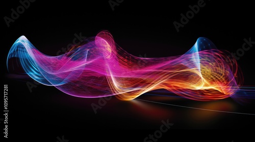 An artistic visualization of a human ear with complex sound waves emanating from it in vibrant colors, representing cutting-edge auditory technology and advanced sound processing.