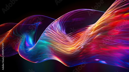 An artistic visualization of a human ear with complex sound waves emanating from it in vibrant colors, representing cutting-edge auditory technology and advanced sound processing.