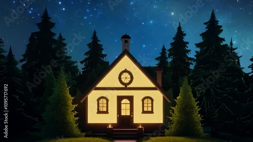 Wallpaper Mural Camera slowly moving back from glowing house in forest Torontodigital.ca