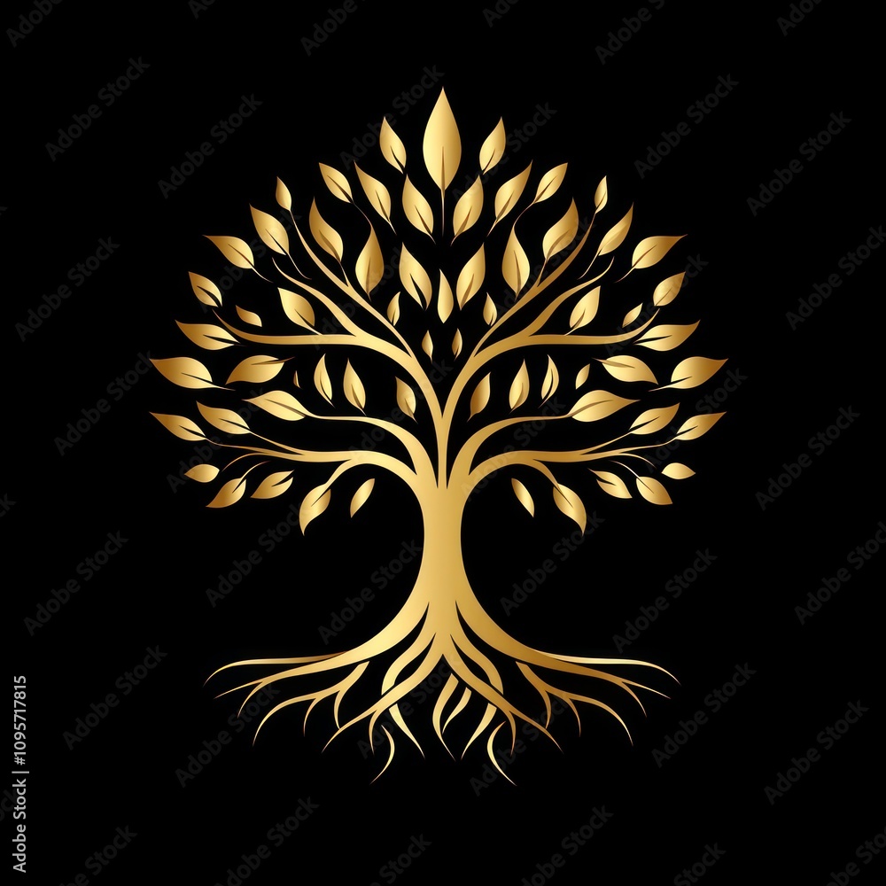 A stylized golden tree design with intricate leaves and roots on a black background. A stylized golden tree design with intricate leaves and roots on a black background.