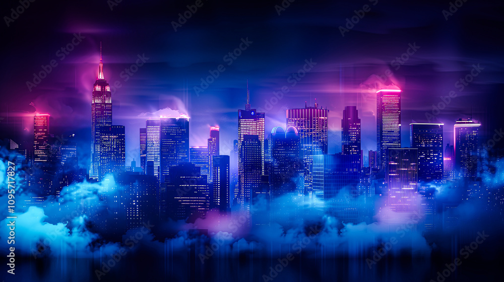 Obraz premium Downtown Skyline in Thick Fog, Neon Lights Faintly Visible