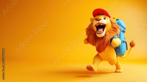 A cheerful cartoon lion with a backpack and cap, joyfully running against a bright yellow background. photo