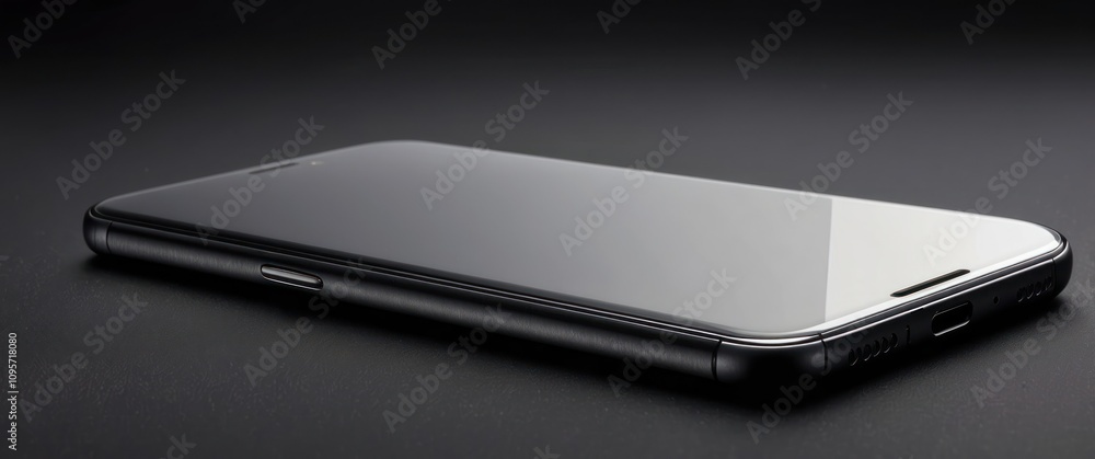 Sleek smartphone resting on black surface showcasing modern design and essential communication features. Sleek smartphone resting on black surface showcasing modern design and essential communication features.