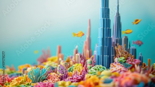 A vibrant coral reef scene featuring a tall skyscraper amidst colorful marine life.