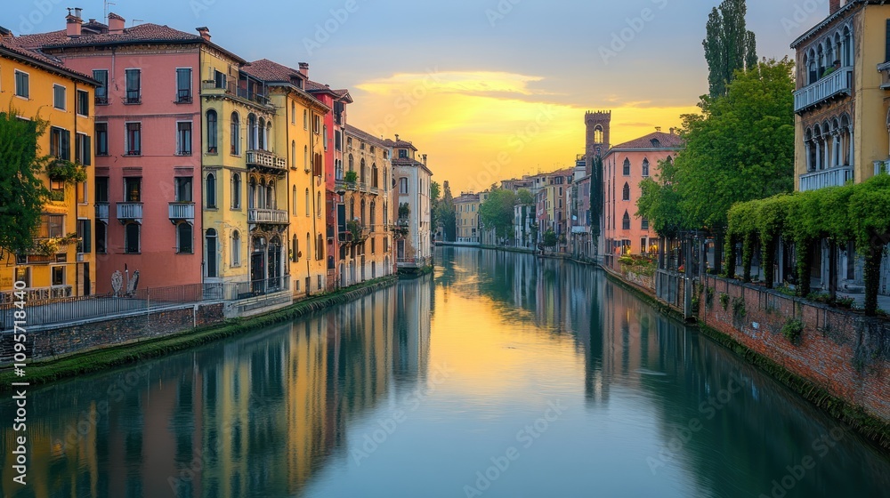 Fototapeta premium A serene canal view at sunset, showcasing colorful buildings and reflections in the water.