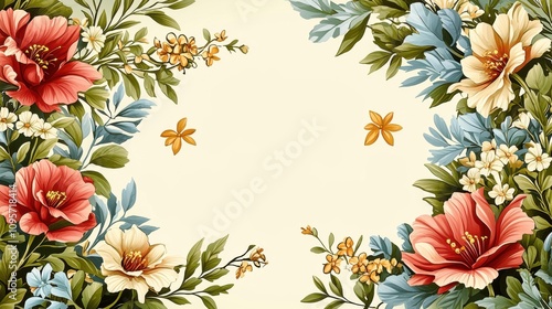 Elegant Floral Border Vintage Flowers Cream Background Botanical Design Wedding Invitation Greeting