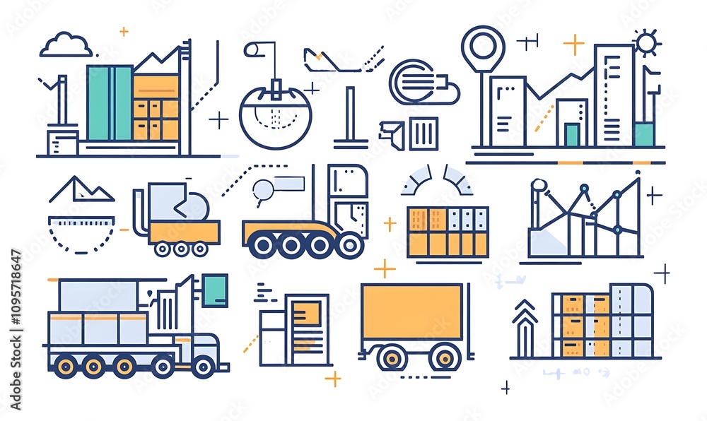Fototapeta premium Procurement management and supply chain concept. Procurement icons related to logistics, supply chain, and inventory management. procurement in ensuring efficient business operations. delivery service