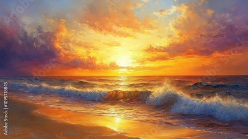 A vibrant sunset over the ocean, with waves crashing on a sandy beach.
